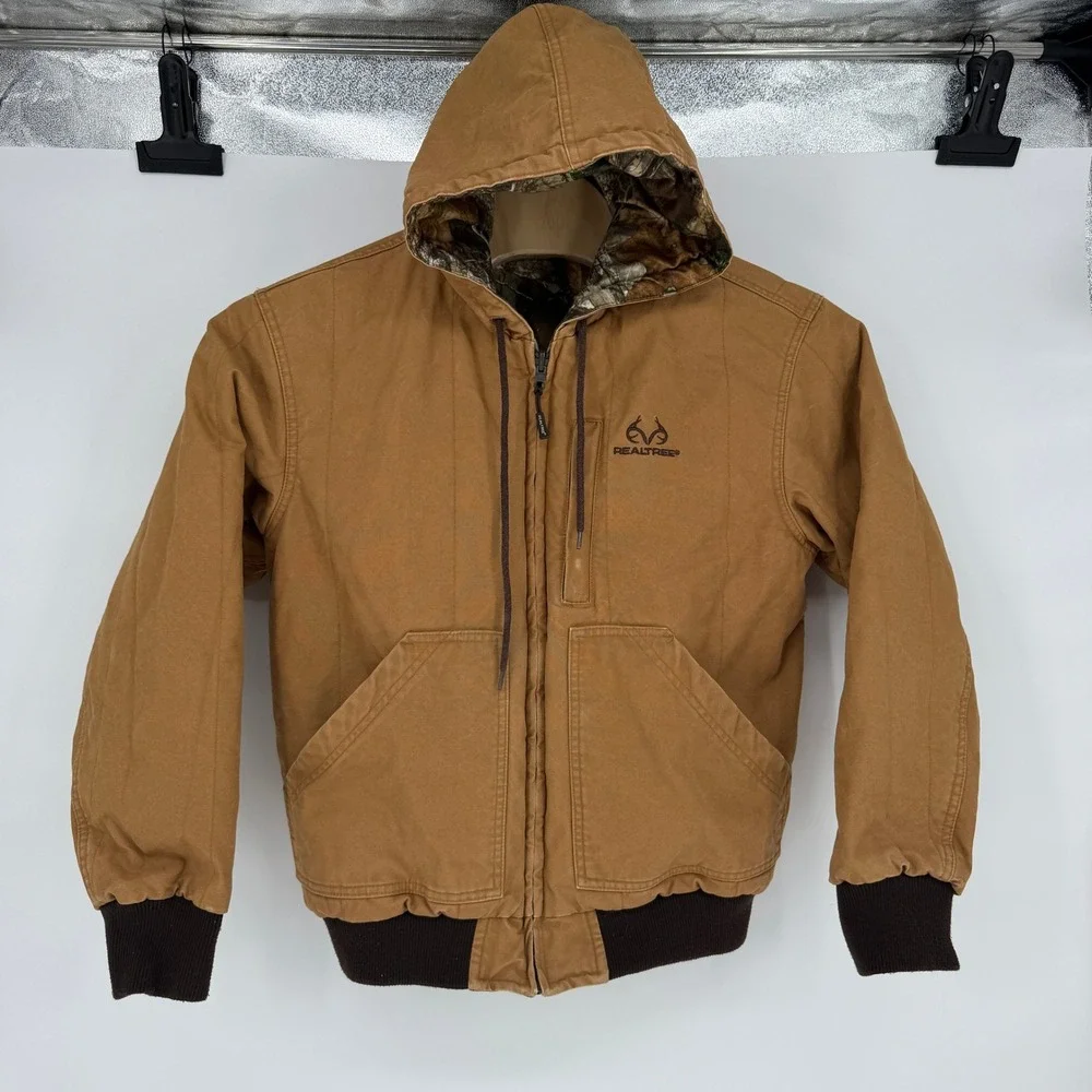Realtree Kids Medium Reversible Hooded Jacket Brown Canvas Camo Full Zip Coat